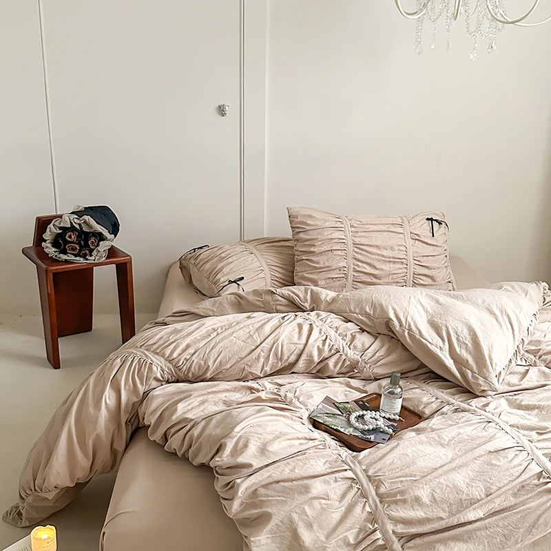 Anycozy Bedding Set Coffee Ruffle Pleated Duvet Cover Flat Bed Sheet and Pillowcases Bedroom Decor