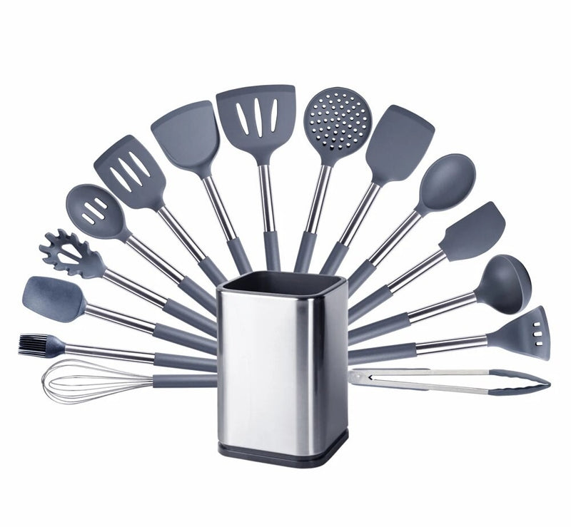 Anygleam Kitchen Utensils Non-stick Grey/ Silver 15 Set Cooking Tool with Storage Box Accessories Heat Resistant Kitchenware
