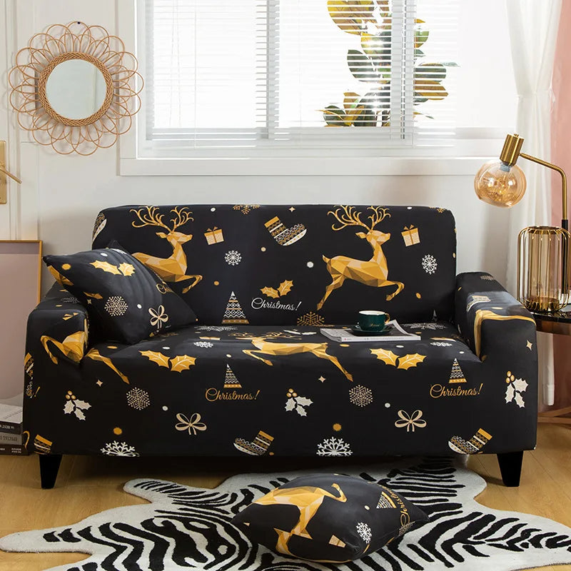 Anyseat Sofa Cover Black Christmas Reindeer Design Non Slip Stretchable Slipcover