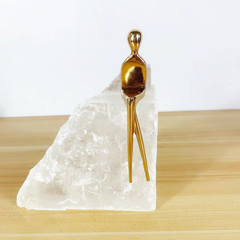 Anyhouz Rustic Gold Brass Man Sculpture – Abstract Artwork with Crystal Stone Base for Home & Office Nordic Décor