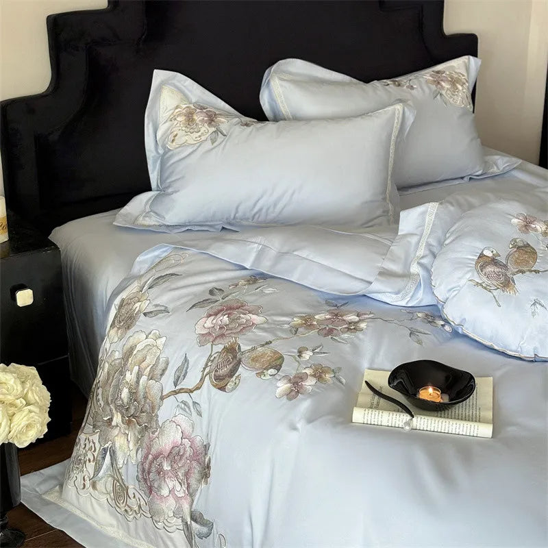 Anycozy Duvet Cover Set Blue Flat Bed Sheet Ultra Soft Egyptian Cotton Embroidery Bedding For Luxurious Feel