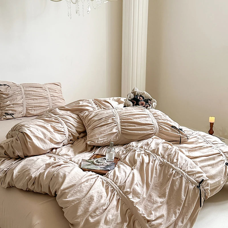 Anycozy Bedding Set Coffee Ruffle Pleated Duvet Cover Flat Bed Sheet and Pillowcases Bedroom Decor