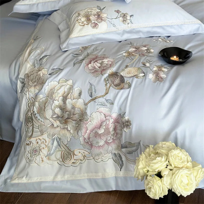 Anycozy Duvet Cover Set Blue Flat Bed Sheet Ultra Soft Egyptian Cotton Embroidery Bedding For Luxurious Feel