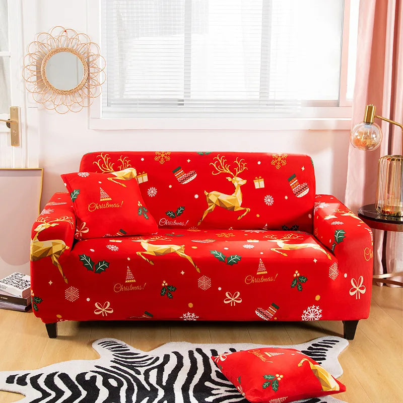 Anyseat Sofa Cover Red Christmas Reindeer Design Non Slip Stretchable Slipcover