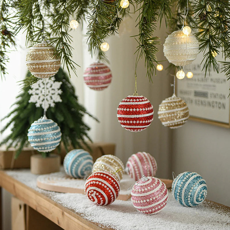 ANYDECO Christmas Ball Glitters Round White Beads Hanging Holiday Ornament Decorations