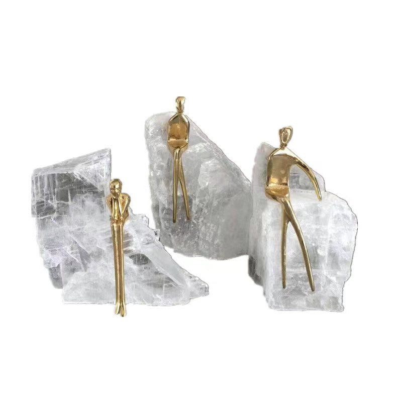 Anyhouz Rustic Gold Brass Man Sculpture – Abstract Artwork with Crystal Stone Base for Home & Office Nordic Décor
