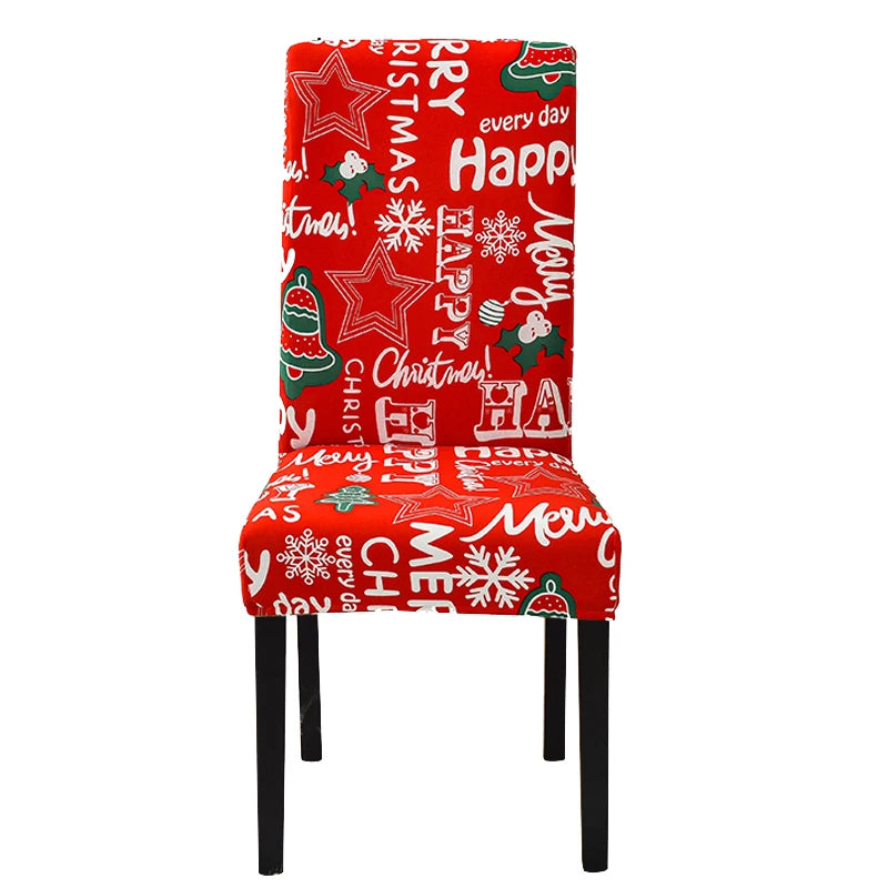 ANYDECO Chair Cover Red Happy Christmas Design with Anti-Dirt and Elastic Material for Dining Room Kitchen Wedding Hotel Banquet Restaurant