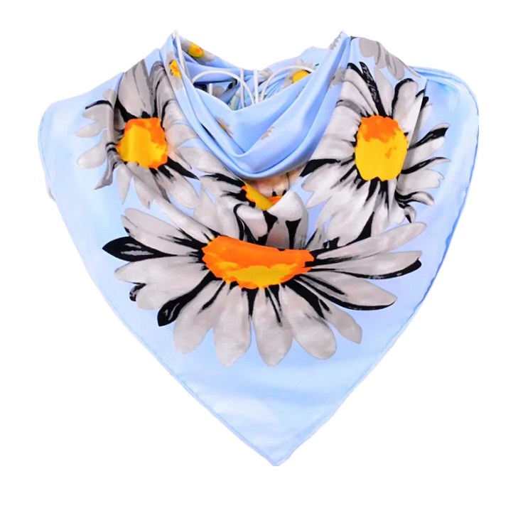 Anyyou Scarf for Women Blue Daisy Twill Silk Shawl Fashion Elegant High Quality for Spring Autumn Square Scarves 90*90cm