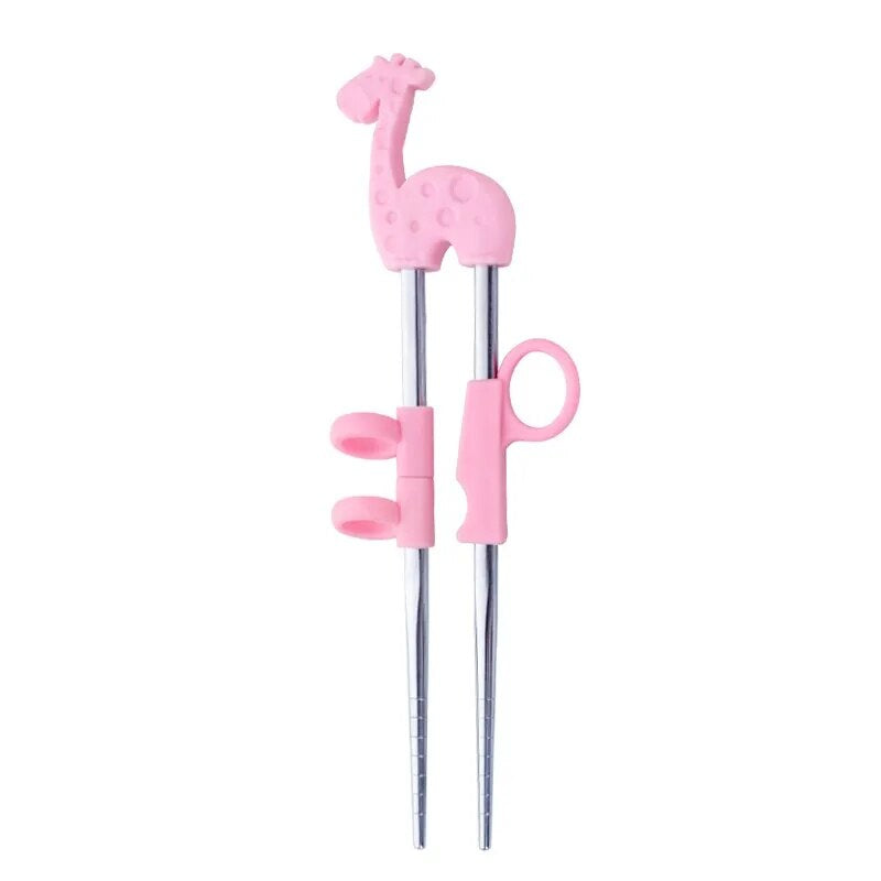 Anygleam Chop Stick Pink Giraffe 1 Pair Reusable Silver Stainless Steel Cartoon for Kids and Children Kitchen Accessories