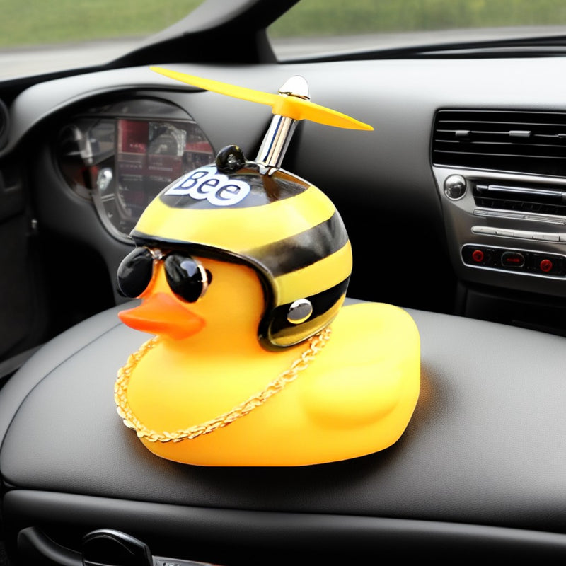 ANYPACK Car Ornaments Rubber Yellow Duck for Car Dashboard Decorations Cool Glasses Duck with Bee Propeller Helmet Gold Chain