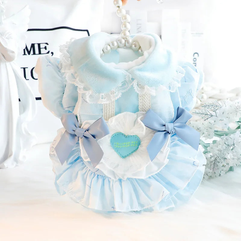 Anypet Pet Clothes Blue Cotton Princess Dress with Tassels and Heart Shape Clothe for Fancy and Special Occasions
