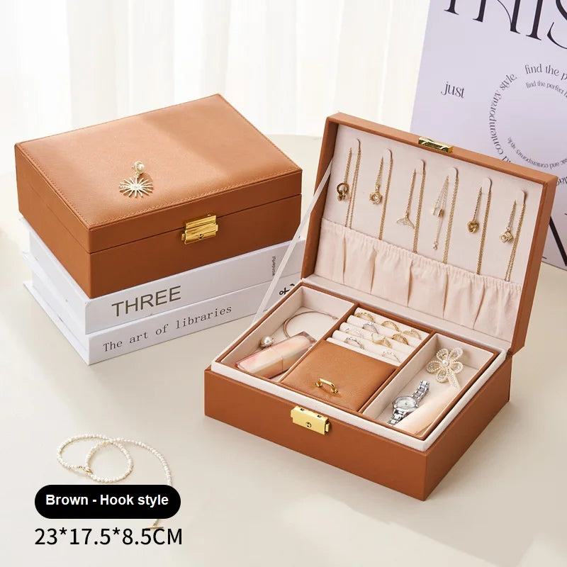 Anyvogue Jewelry Box Brown Large Capacity With Lock Soft Lining Leather Organizer
