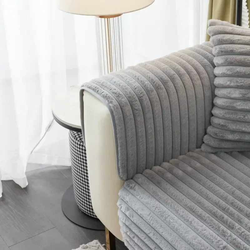 Anyseat Sofa Towel Super Soft Wave Gray Rabbit Plush Quilted Couch Cover L-shaped Sectional Anti-slip Sofa Cover