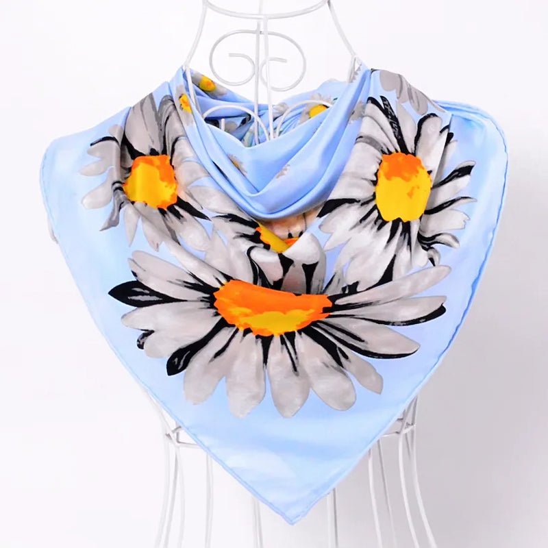 Anyyou Scarf for Women Blue Daisy Twill Silk Shawl Fashion Elegant High Quality for Spring Autumn Square Scarves 90*90cm
