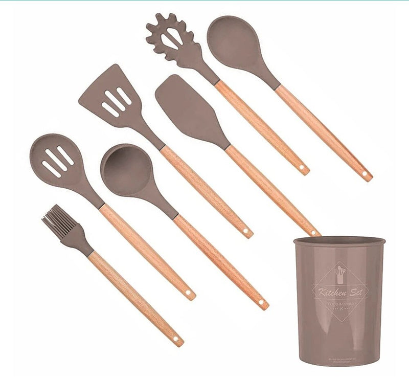Anygleam Kitchen Utensils 7 Set Khaki Natural Beech Wooden Handle Cookware Tool with Storage Heat Resistant Non Stick Accessories