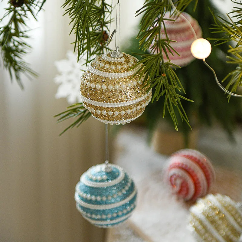 ANYDECO Christmas Ball Glitters Round White Beads Hanging Holiday Ornament Decorations