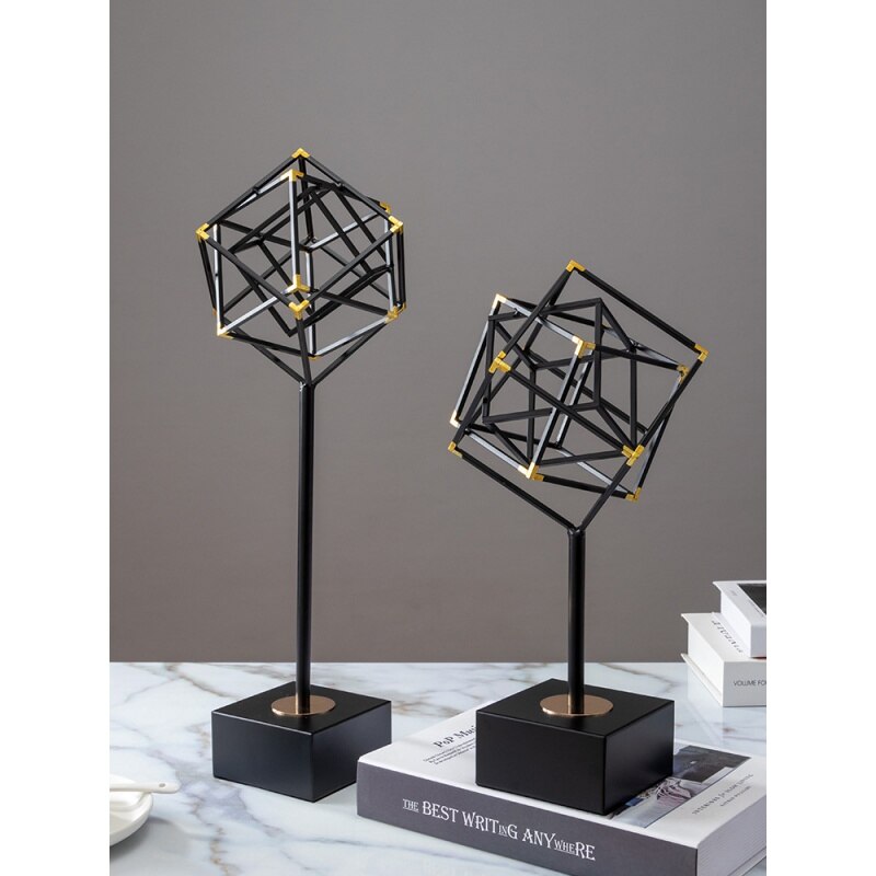 ANYHOUZ Luxury Gold Metal Tabletop Decor – Geometric Square Cube Sculpture for Living Room, House Display & Elegant Crafts Ornaments