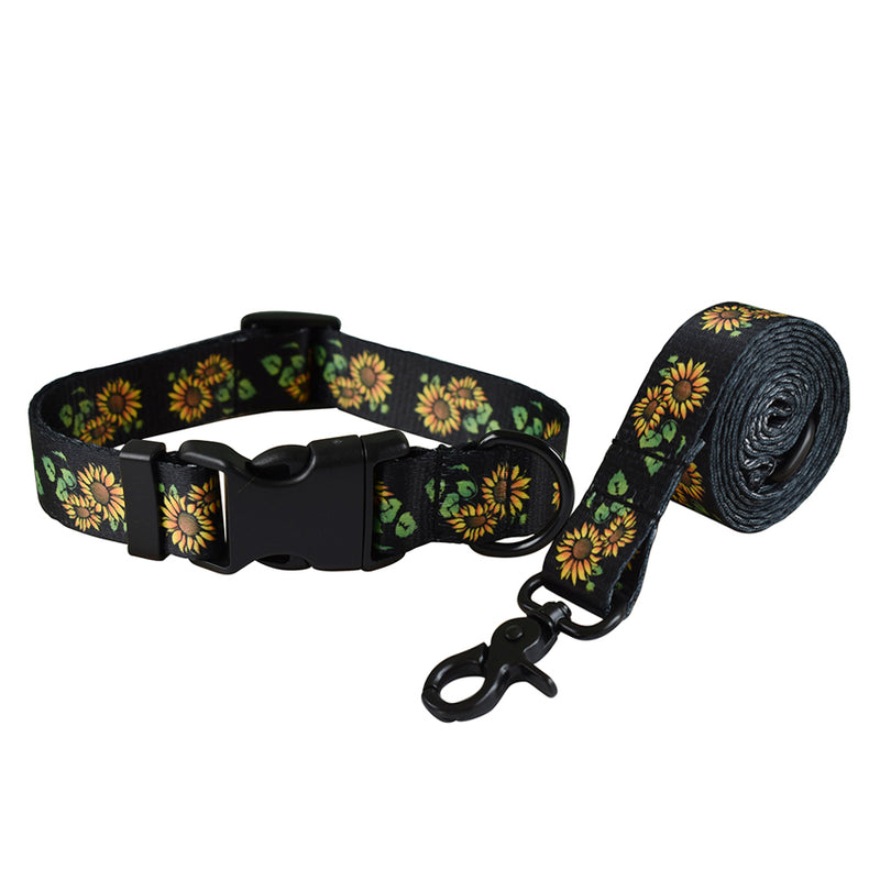 ANYWAGS Pet Collar Leash Set Black Sunflower Sytlish Strap Comfortable Dog Accessory