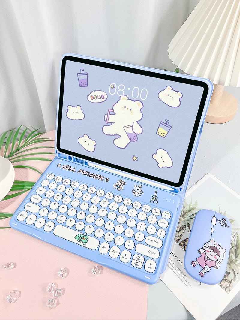 ANYMOB  iPad Case White Cartoon Bluetooth Keyboard with Detachable Cover and Cute Design