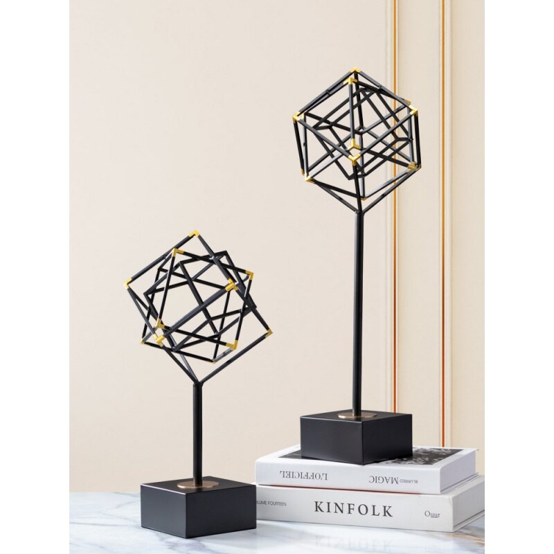 ANYHOUZ Luxury Gold Metal Tabletop Decor – Geometric Square Cube Sculpture for Living Room, House Display & Elegant Crafts Ornaments