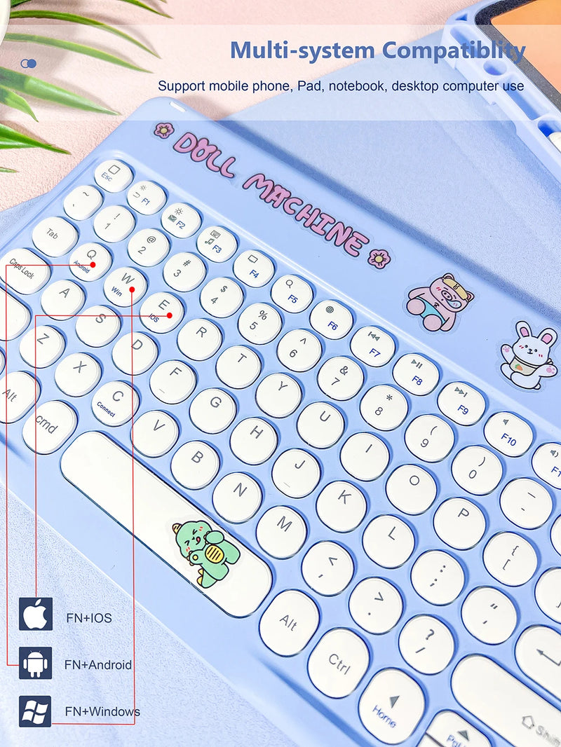 ANYMOB  iPad Case White Cartoon Bluetooth Keyboard with Detachable Cover and Cute Design