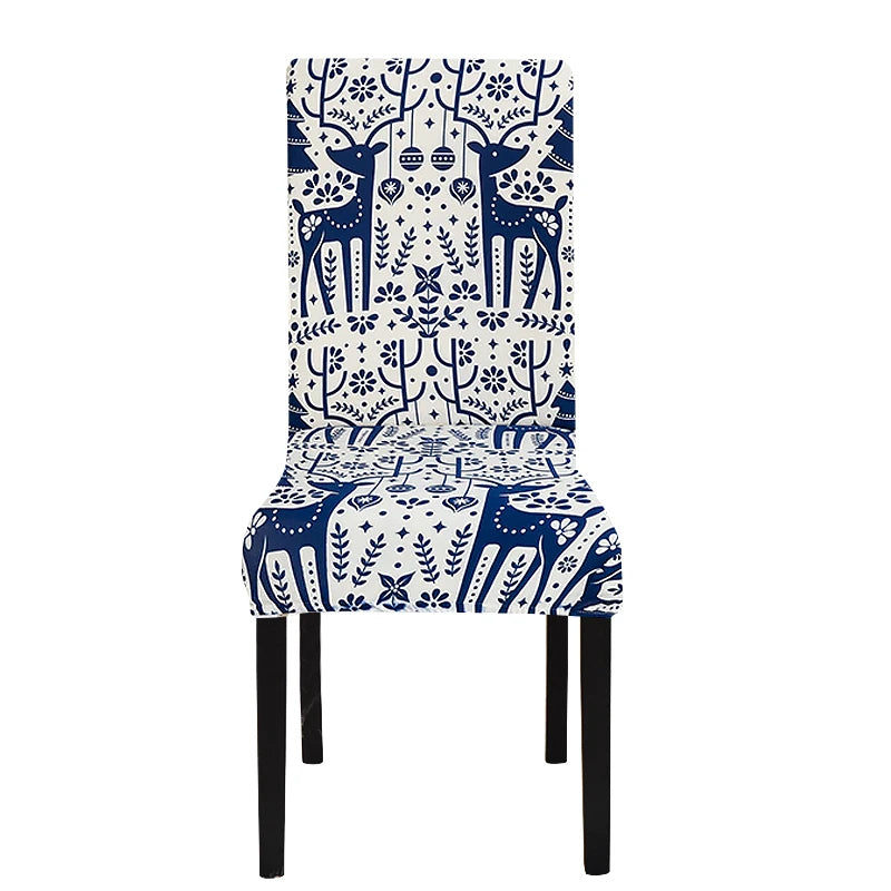 Anyseat Chair Cover White Blue Xmas Deer Pattern with Anti-Dirt and Elastic Material for Dining Room Kitchen Wedding Hotel Banquet Restaurant