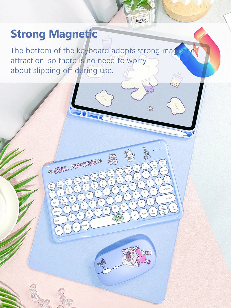 ANYMOB  iPad Case White Cartoon Bluetooth Keyboard with Detachable Cover and Cute Design