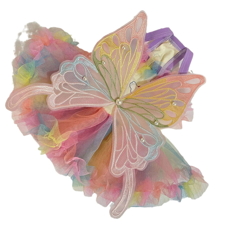 ANYWAGS Pet Clothes Princess Rainbow Colored Butterfly Wings with Bunny Print and Tassels for Cosplay and Fun Occasions