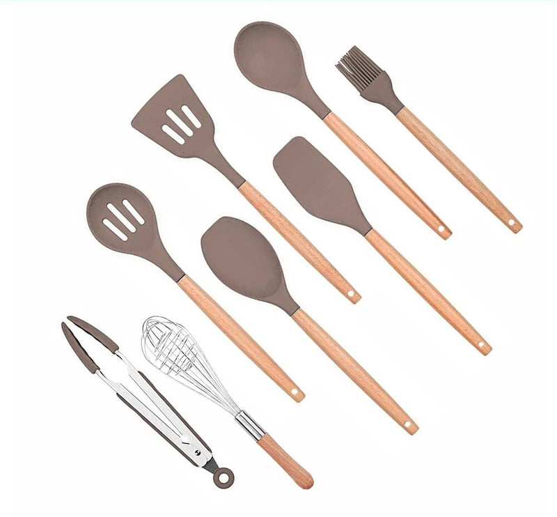 Anygleam Kitchen Utensils 7 Set Natural Beech Wooden Handle Cookware with Tong Tool Heat Resistant Non Stick Accessories