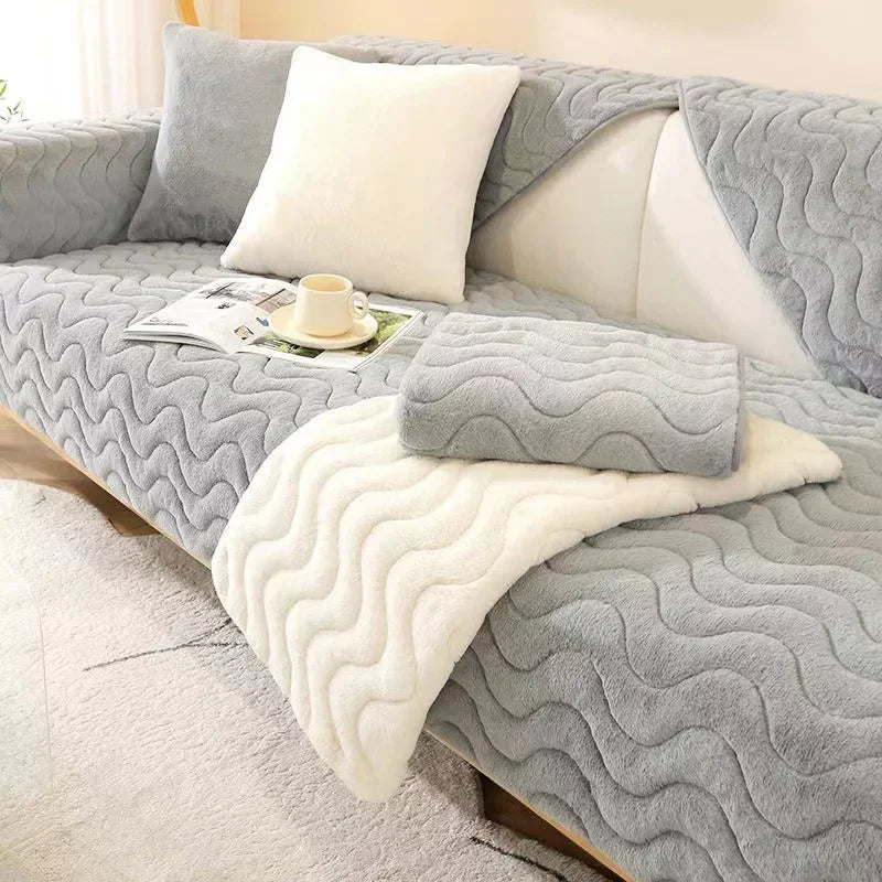 Anyseat Sofa Towel Super Soft Wave Gray Rabbit Plush Quilted Couch Cover L-shaped Sectional Anti-slip Sofa Cover