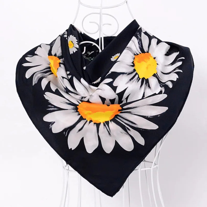 Anyyou Scarf for Women Black Daisy Silk Shawl Fashion Elegant High Quality for Spring Autumn Square Scarves 90*90cm