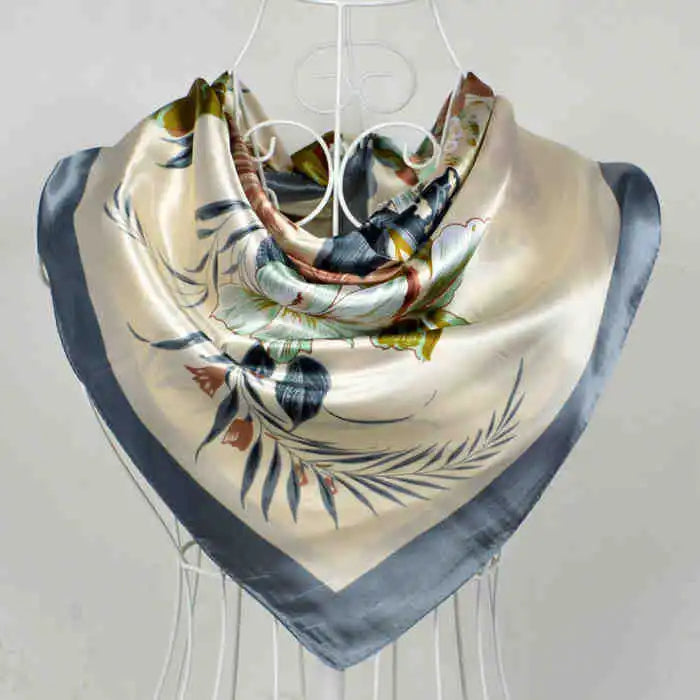 Anyyou Scarf for Women Floral Grey Beige Print Square Silk Shawl For Summer Spring And Fall