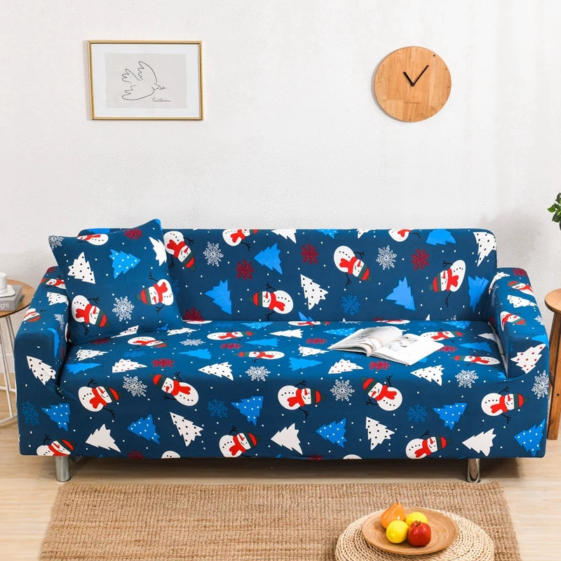 Anyseat Sofa Cover Blue Christmas Tree Snowman Design Non Slip Stretchable Slipcover