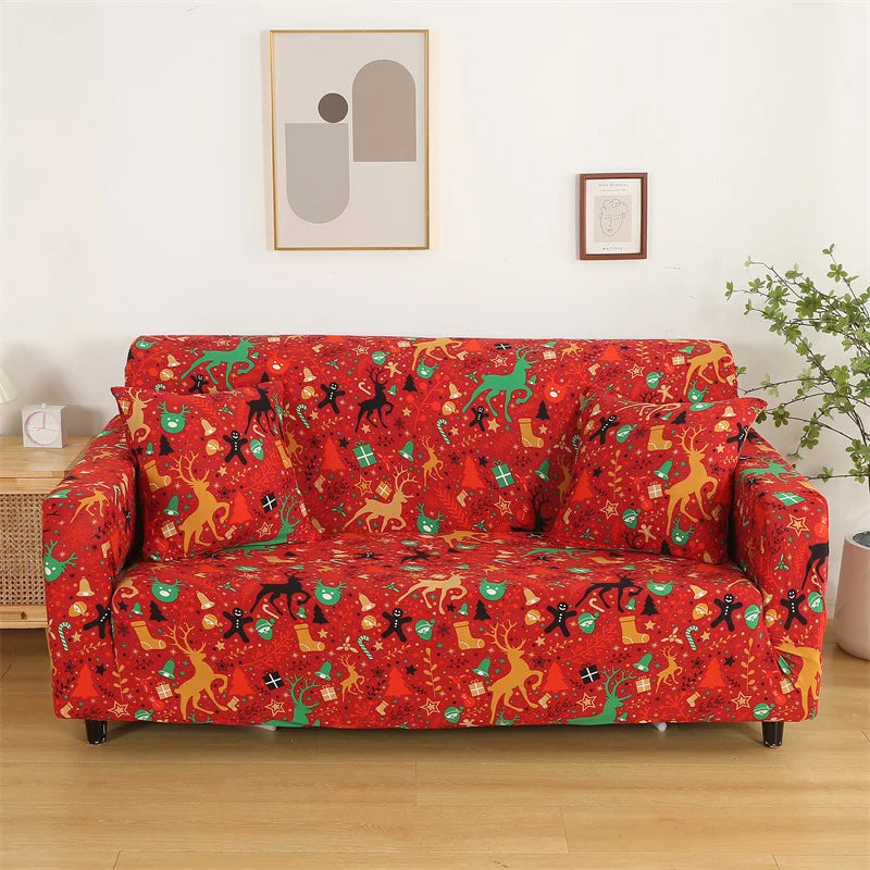 Anyseat Sofa Cover Red Christmas Reindeer Design Stretchable Non Slip Slipcover