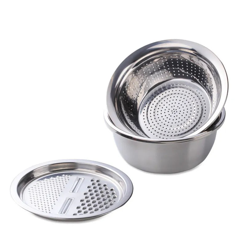 Anygleam Silver Stainless Steel Basket Strainer Bowl with Vegetable Cutter/ Slicer for Buffet and Restaurant Kitchenware