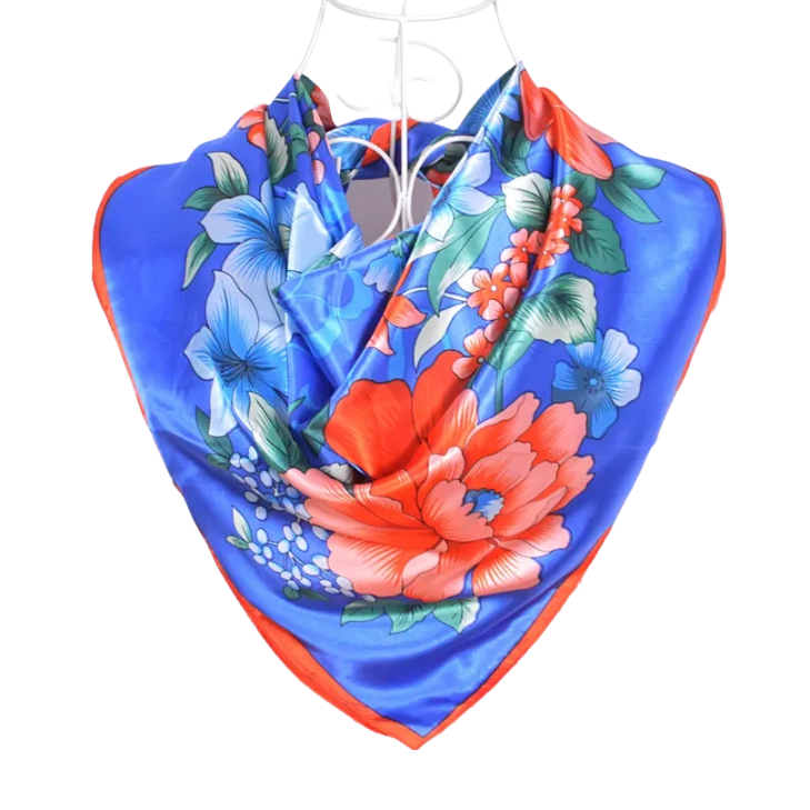 Anyyou Scarf for Women Floral Peony Ocean Blue Print Square Silk Shawl For Summer Spring And Fall