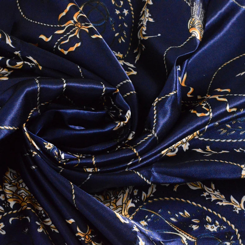 Anyyou Scarf for Women Elegant Navy Blue Satin Silk Shawl Fashion Accessories Chain Flowers Pattern Autumn Winter Scarves
