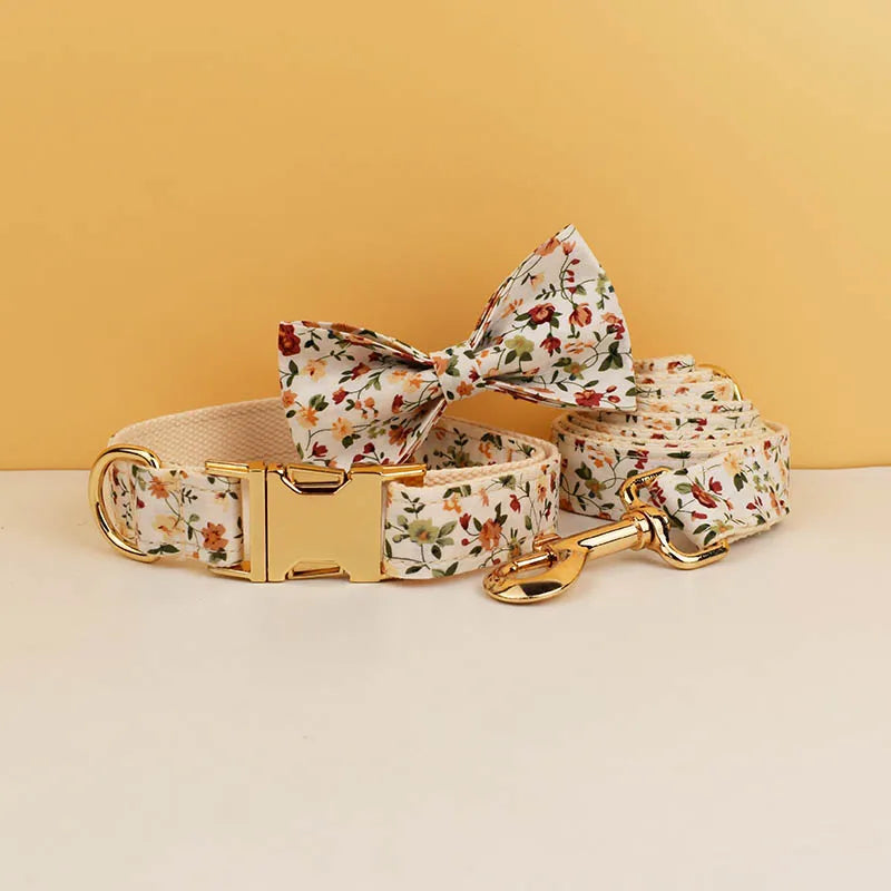ANYWAGS Pet Bow Collar Leash Set White Floral Stylish Accessory with Safety Buckle Durable Strap
