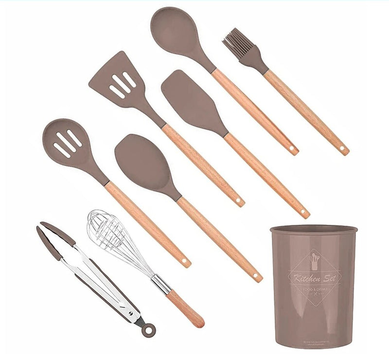 Anygleam Kitchen Utensils 7 Set Natural Beech Wooden Handle Cookware with 1 Tong and 1 Storage Tool with Storage Heat Resistant Non Stick Accessories