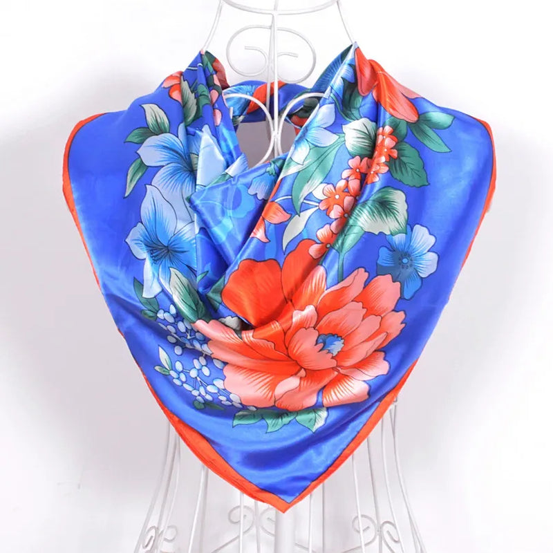Anyyou Scarf for Women Floral Peony Ocean Blue Print Square Silk Shawl For Summer Spring And Fall
