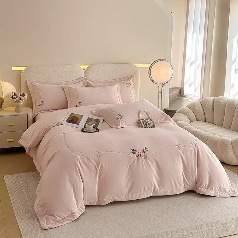 Anycozy Duvet Cover Set Pink Flat Bed Sheet Heavy Fluffy Floral Embroidery Quilt Bedding