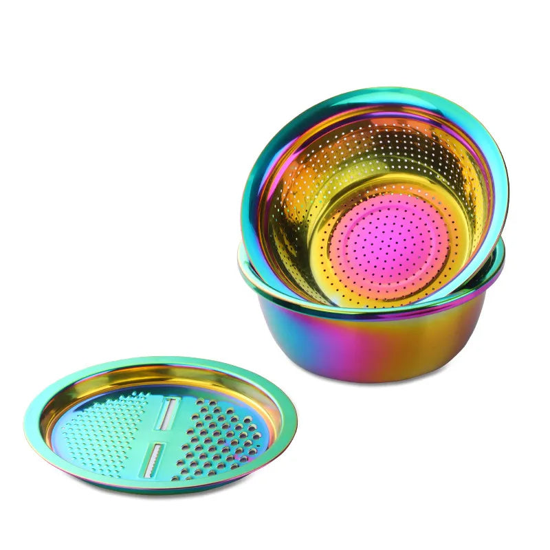 Anygleam Rainbow Stainless Steel Basket Strainer Bowl with Vegetable Cutter Slicer for Buffet and Restaurant Kitchenware