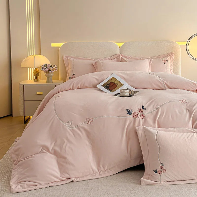 Anycozy Duvet Cover Set Pink Flat Bed Sheet Heavy Fluffy Floral Embroidery Quilt Bedding