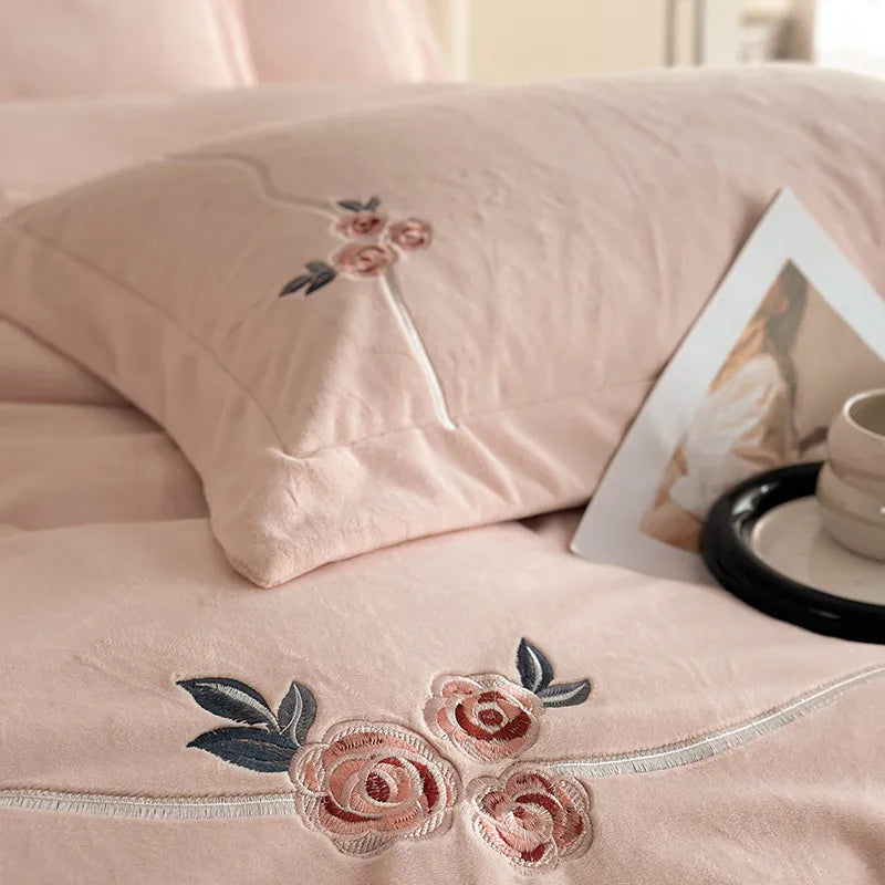 Anycozy Duvet Cover Set Pink Flat Bed Sheet Heavy Fluffy Floral Embroidery Quilt Bedding