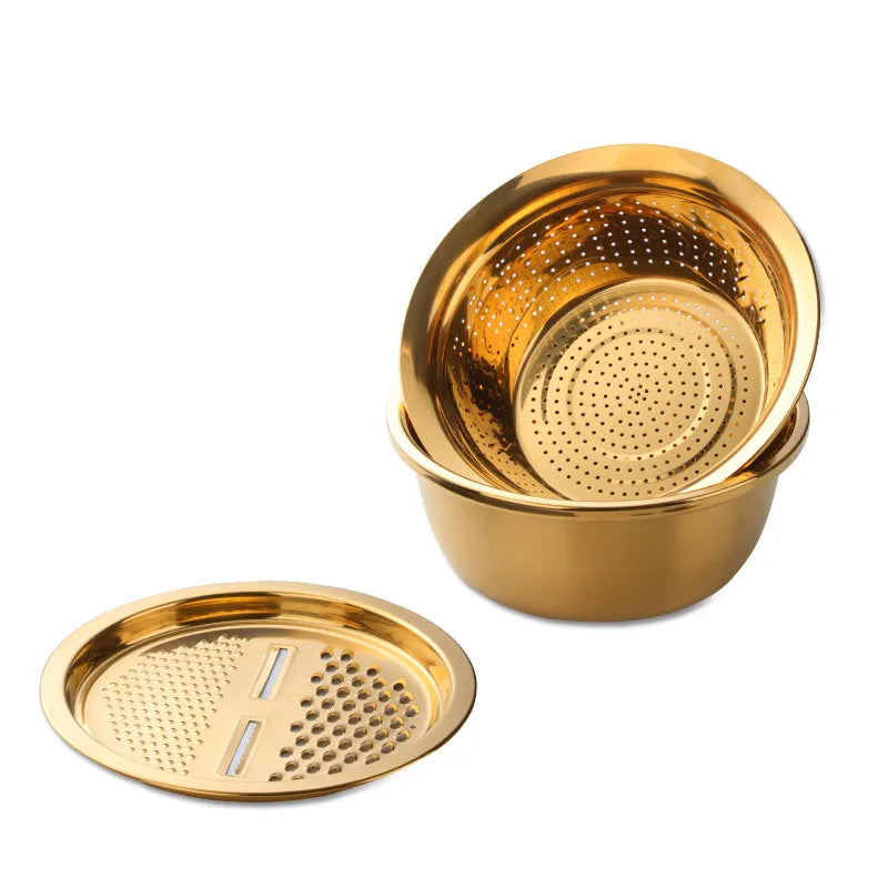 Anygleam Gold Stainless Steel Basket Strainer Bowl with Vegetable Cutter Slicer for Buffet and Restaurant Kitchenware