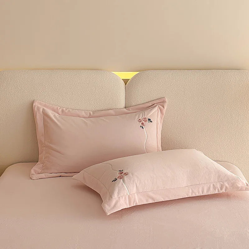 Anycozy Duvet Cover Set Pink Flat Bed Sheet Heavy Fluffy Floral Embroidery Quilt Bedding
