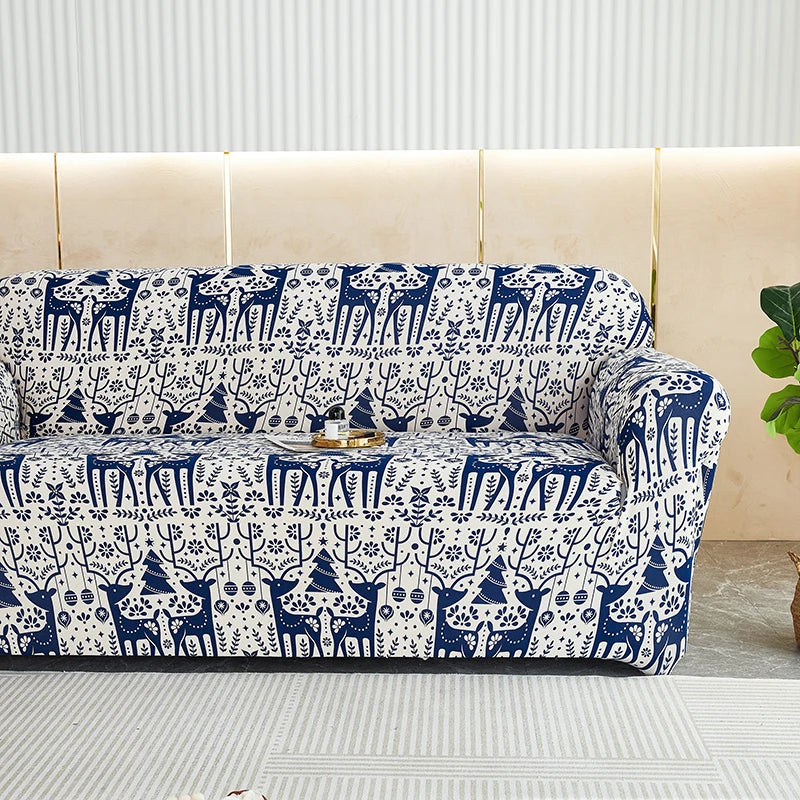 Anyseat Sofa Cover Blue Christmas Reindeer Design Stretchable Non Slip Slipcover