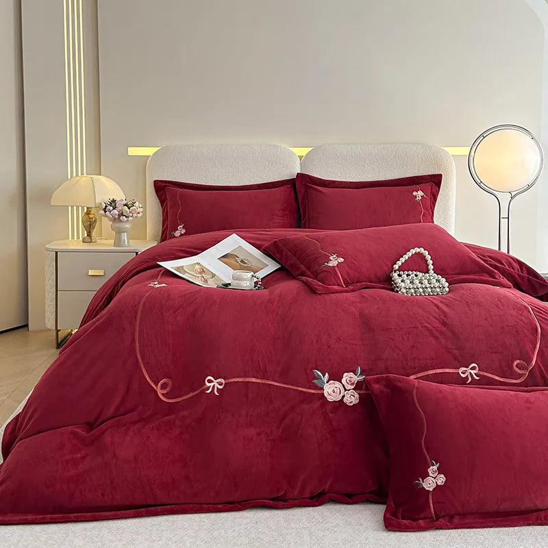 Anycozy Duvet Cover Set Red Flat Bed Sheet Luxury Heavy Fluffy Floral Embroidery Quilt Bedding