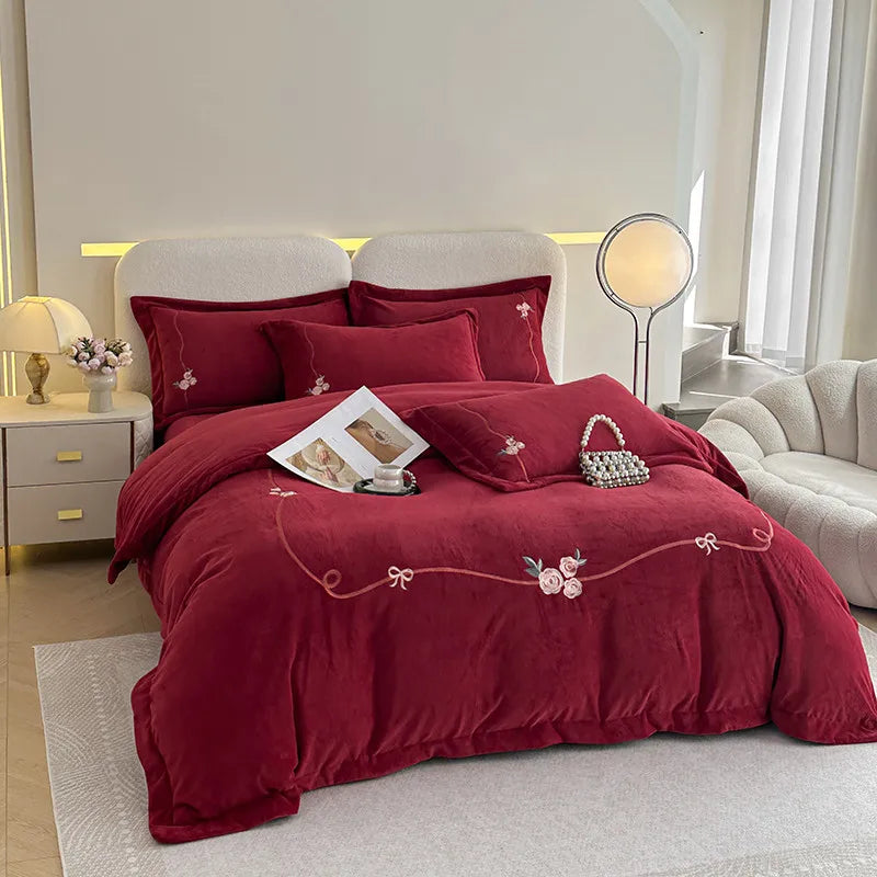 Anycozy Duvet Cover Set Red Flat Bed Sheet Luxury Heavy Fluffy Floral Embroidery Quilt Bedding
