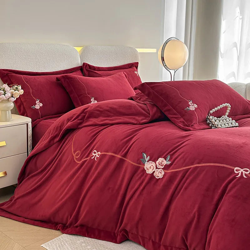 Anycozy Duvet Cover Set Red Flat Bed Sheet Luxury Heavy Fluffy Floral Embroidery Quilt Bedding
